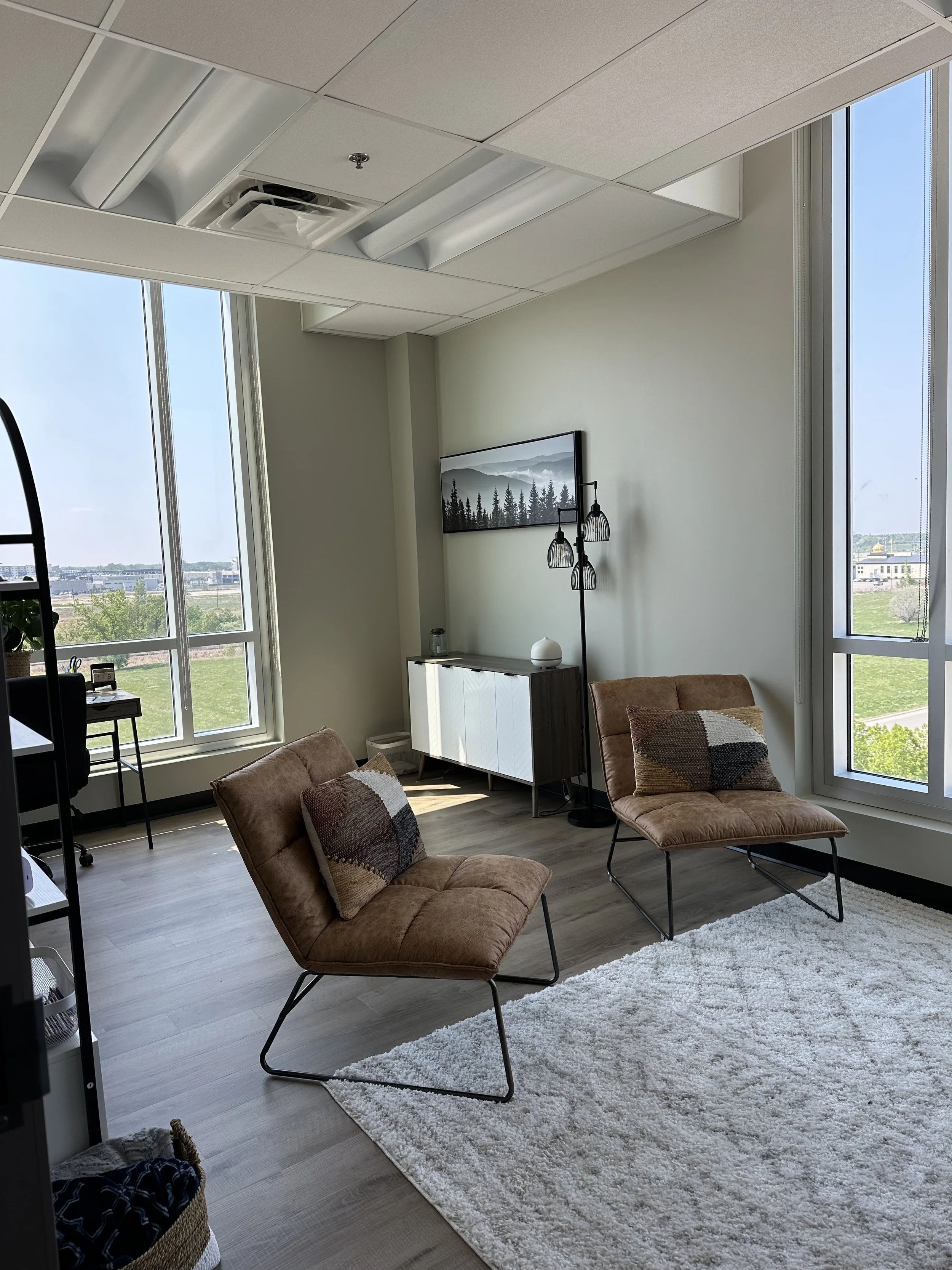 Office lounge with two brown chairs, a white textured rug, large windows with cityscape view, a sideboard, and a floor lamp with three bulb fixtures.