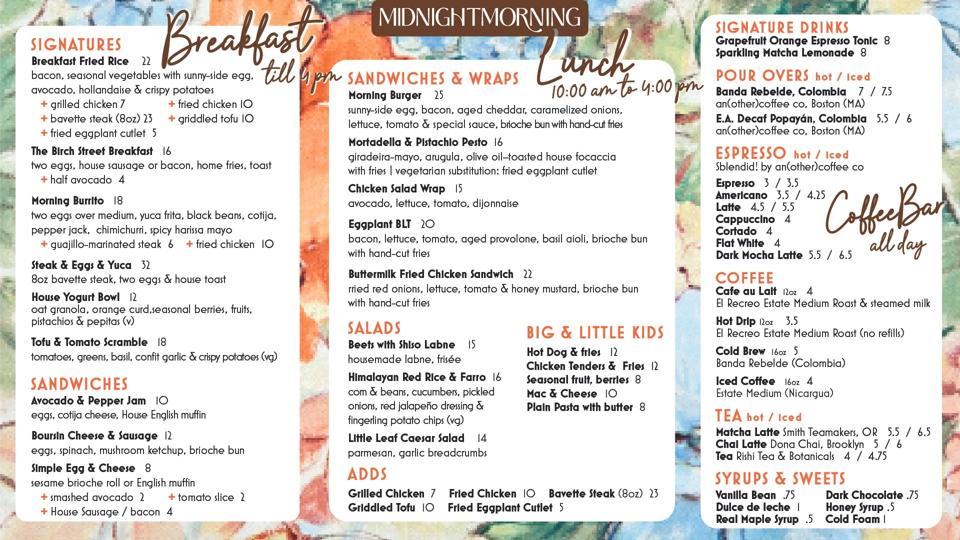 breakfast lunch coffee and tea menus