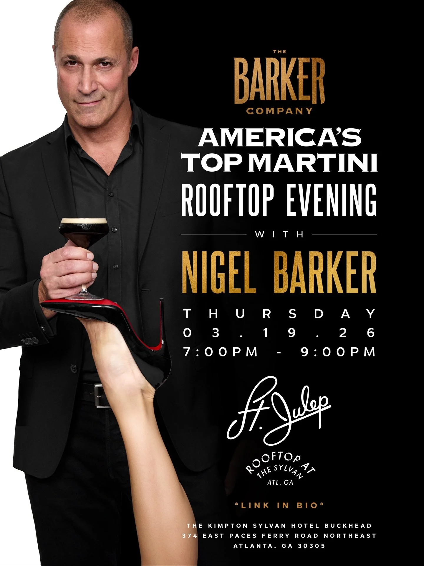 Hey ATLANTA! 

Thursday March 19th 7-9 pm at St Julep rooftop bar at the Kimpton Sylvan Hotel, Nigel Barker and the Barker Company will be shaking things up in celebration of Espresso Martini Month. So sign up at the link in bio and dress to Espress!