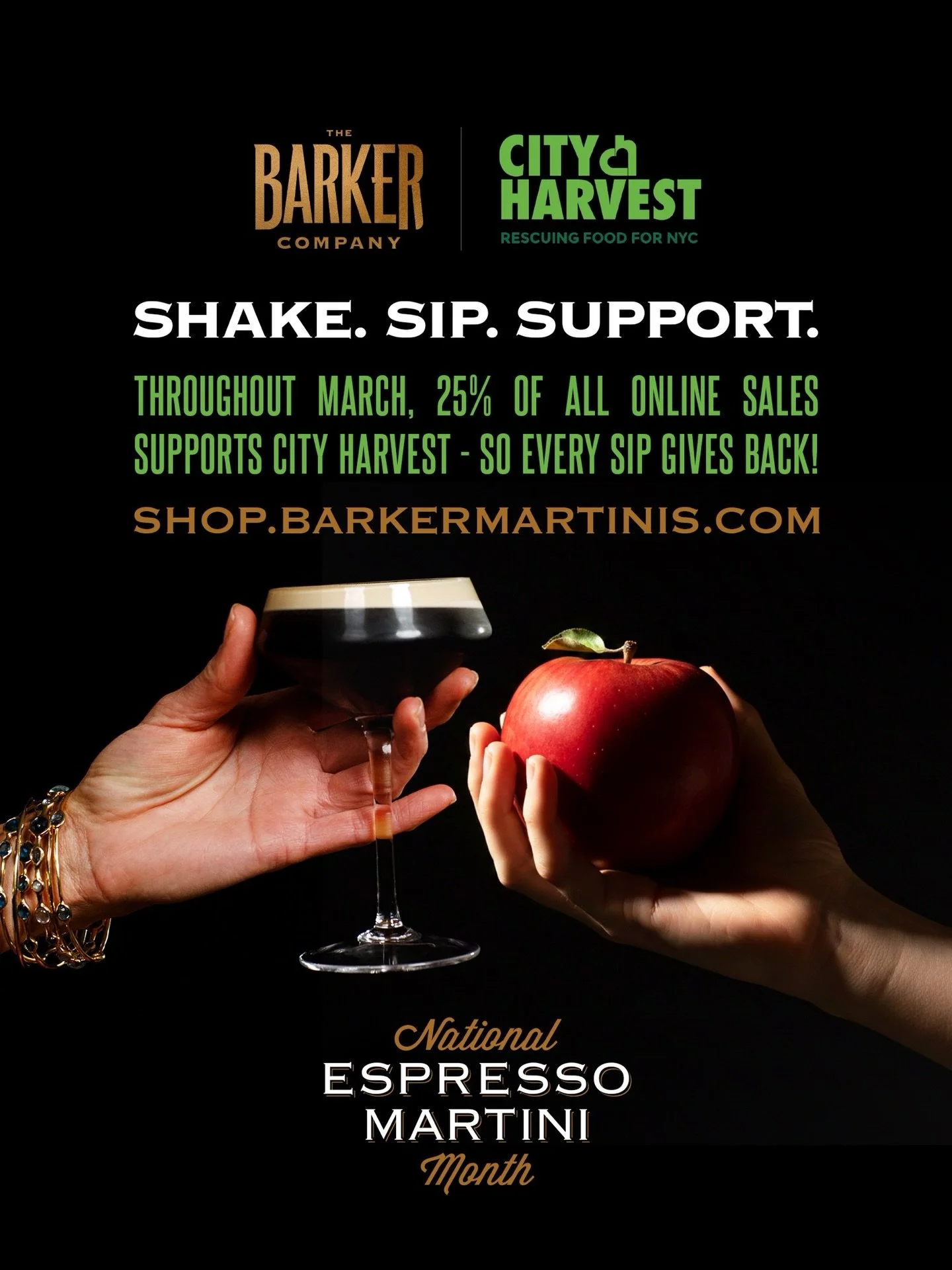 Final day to order online and have 25% of your purchase benefit @cityharvestnyc 
Go to shop.barkermartinis.com and have your favorite Espresso Martinis delivered right to your door! Cheers!