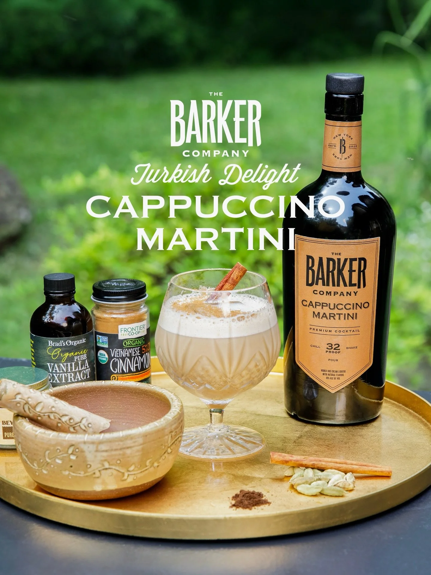 The Barker Turkish Delight Cappuccino Martini 🍸⚡️

4 oz Barker Cappuccino Martini
Ground Vanilla
Shake Over Ice
Crush Cardamon Seeds and Pour through Strainer
Garnish: Cinnamon Stick &amp; Ground Cinnamon

Our Espresso &amp; Cappuccino Martinis are 