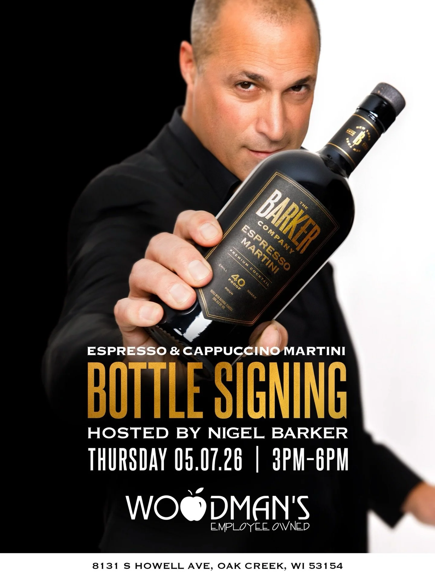WISCONSIN! @nigelbarker will be shaking up our Espresso &amp; Cappuccino Martinis, signing bottles and taking photos with you at Woodman&rsquo;s Markets in Oak Creek on Thursday, May 7th from 3 to 6pm! You don&rsquo;t want to miss it! See you soon 🍸
