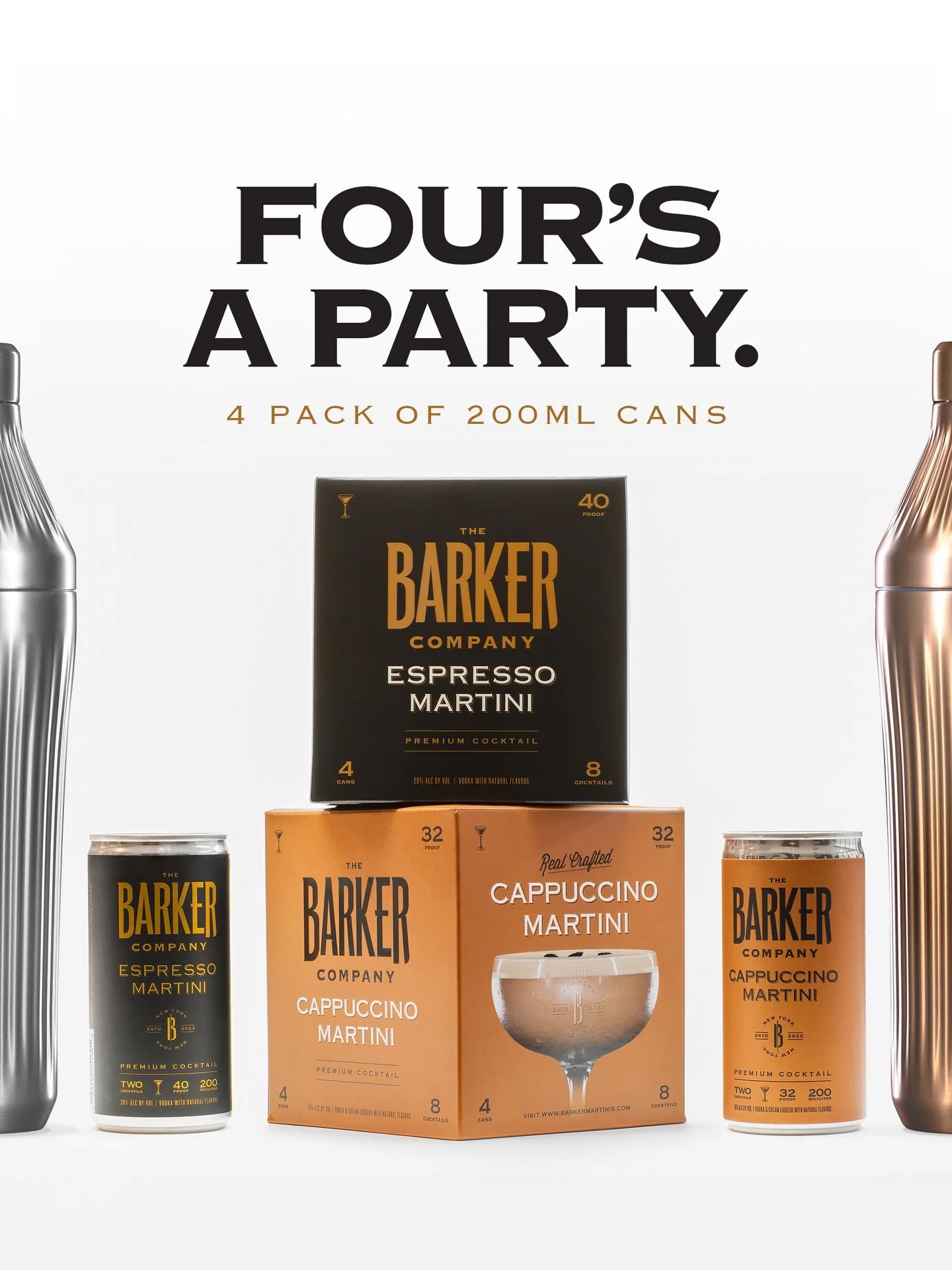 4 Cans. Endless Possibilities.🍸☀️ The perfect pack for you and your crew this Summer! 

Crack it. Shake it. Pour it. Enjoy it.

Our Espresso &amp; Cappuccino Martinis are made with 100% Colombian Espresso, 6X Distilled Vodka, Caramelized Brown Sugar