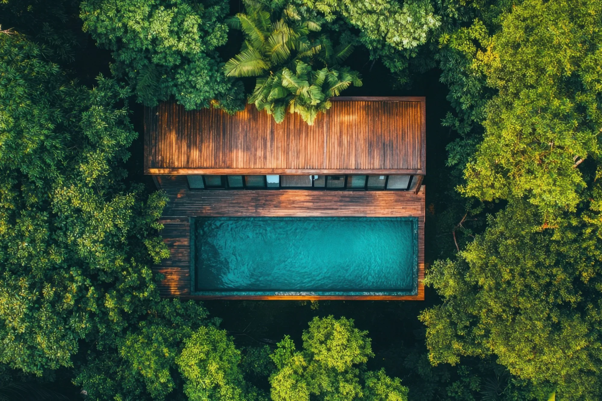 Aerial view of a wooden retreat villa with a pool surrounded by tropical forest, representing rest, reconnection, and nature-based restoration.