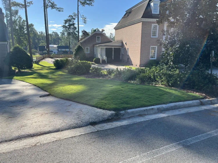 Front lawn and curb view of a brick home