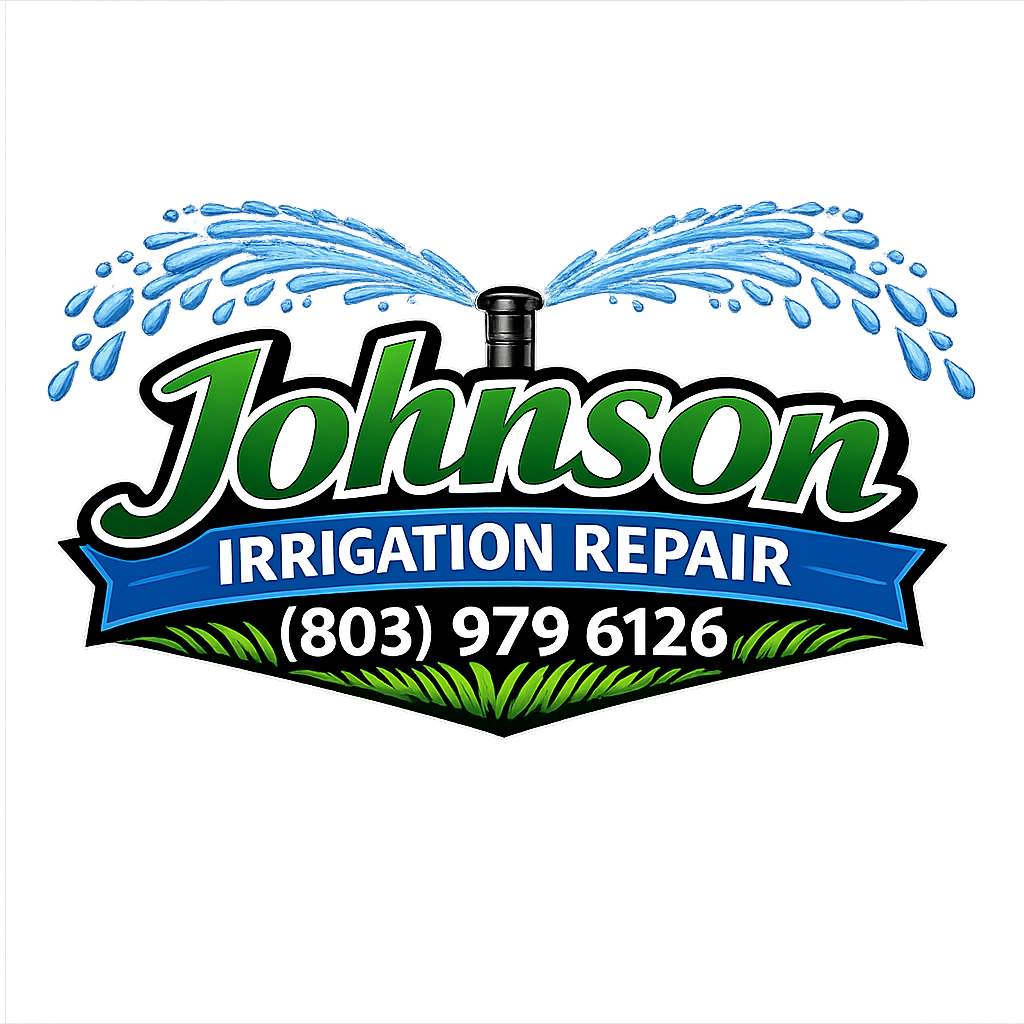 A logo for Johnson Irrigation Repair featuring an illustration of water spraying from a faucet, with contact phone number (803) 979 6126.