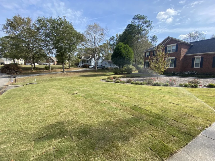 Even green front lawn in front of a brick home
