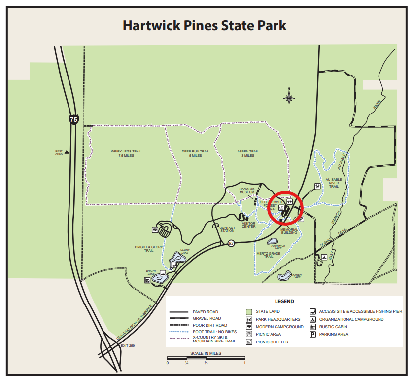 Hartwick Pines State Park map showing the Day Use Shelter