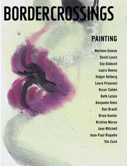 Cover page for the magazine Border Crossings, featuring a list of contributing artists and a mostly abstract pink and black paint design.