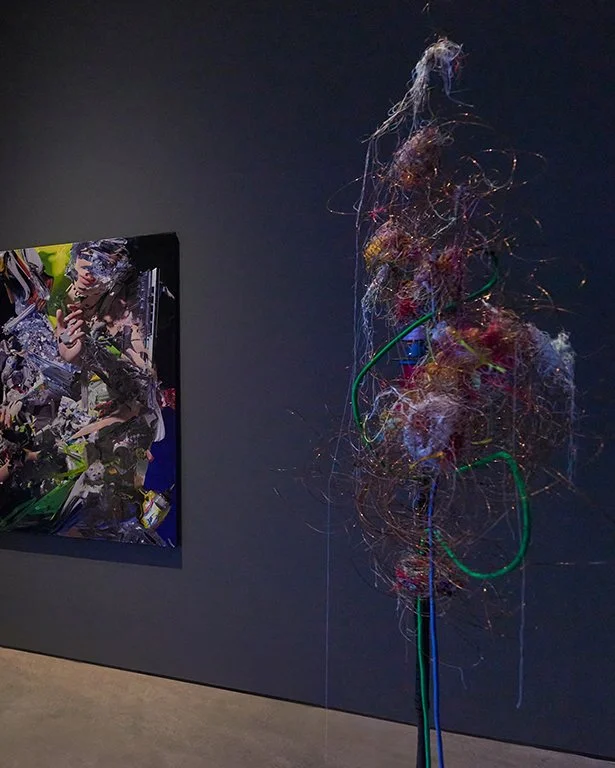 Neural KNot installation detail. Art installation at The Hole Gallery NYC. Painting in the background - Temporal Inconsistency, 2023. by ANTN.