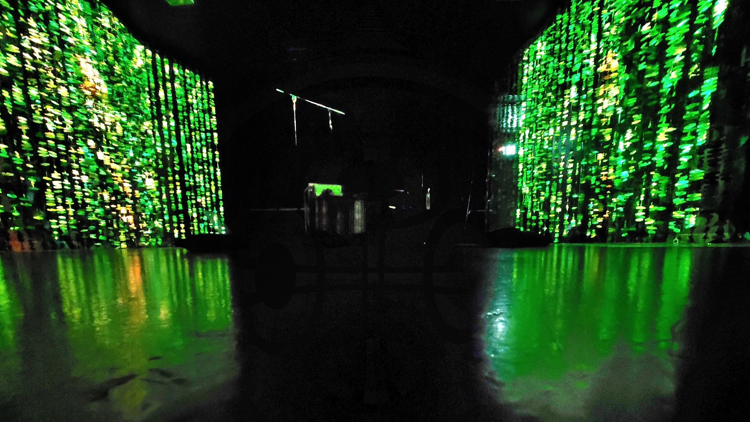 wide angle documentation image of Arboreal Intuitions. the center of the photo shows a drawing plotter and on either side are immersive video projections.