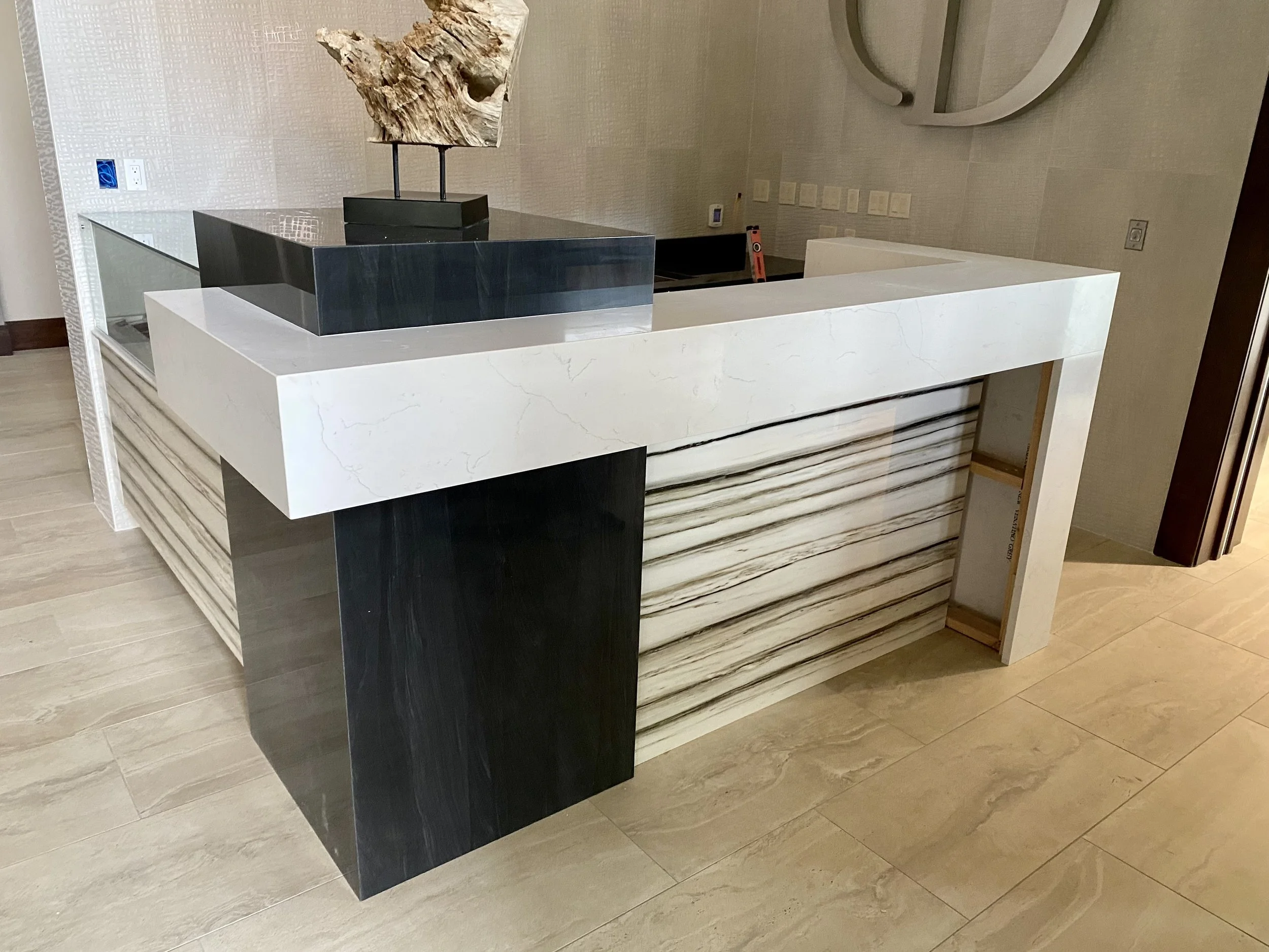 Restaurant front desk made out of quartz and quartzite