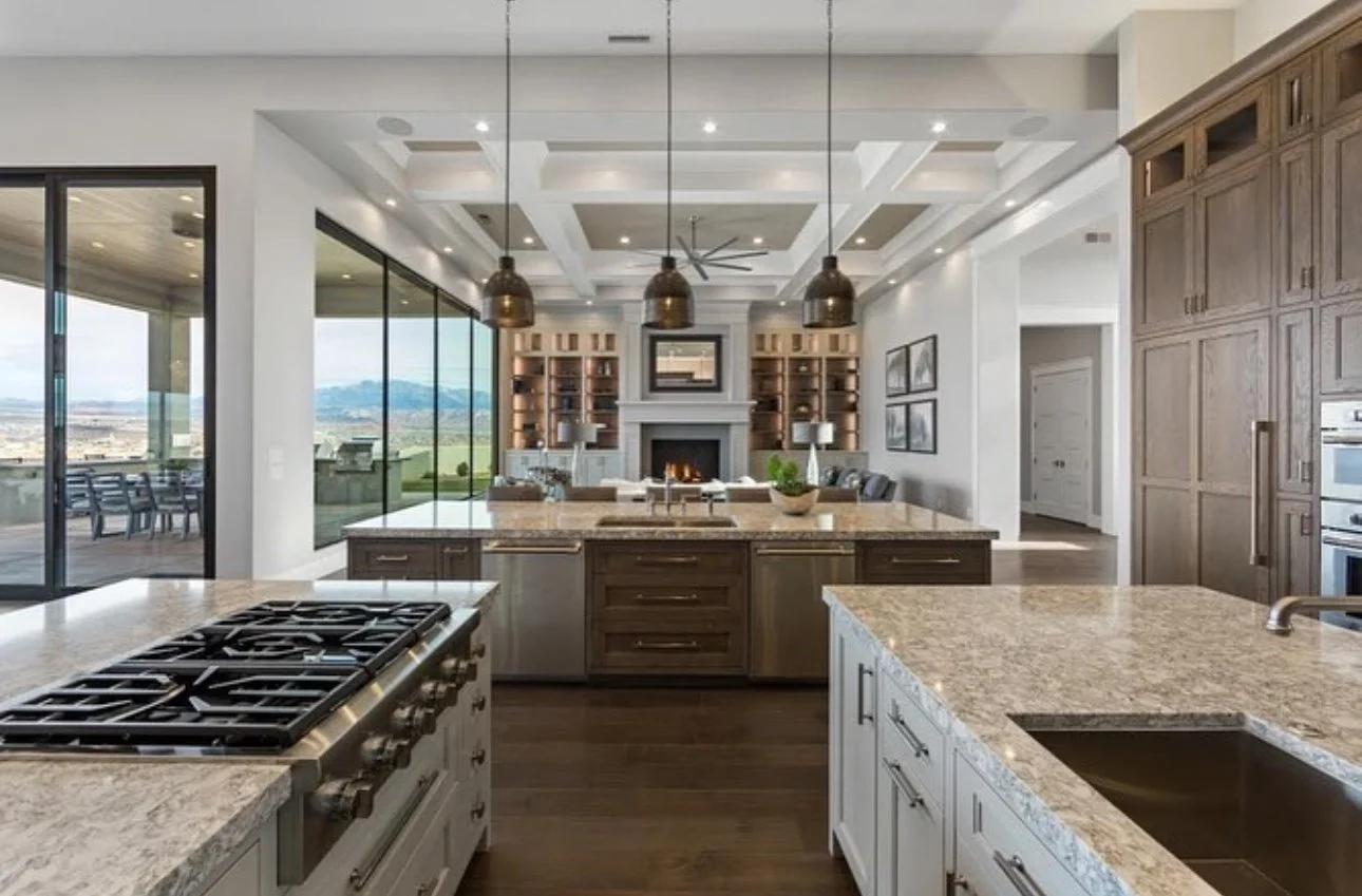 Kitchen with granite countertops and mitered edge