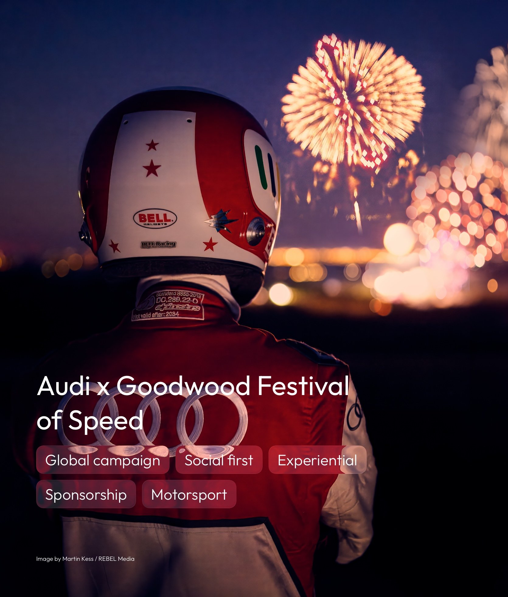 Audi x Goodwood Festival of Speed tile with experience highlights of; Global campaign, social first, experiential, sponsorship and motorsport