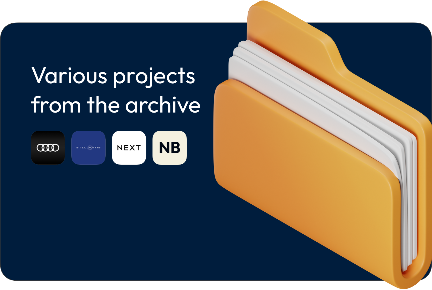 Various projects from the archive tile with logos for Audi, Stellantis, Next and Nathan's own personal projects