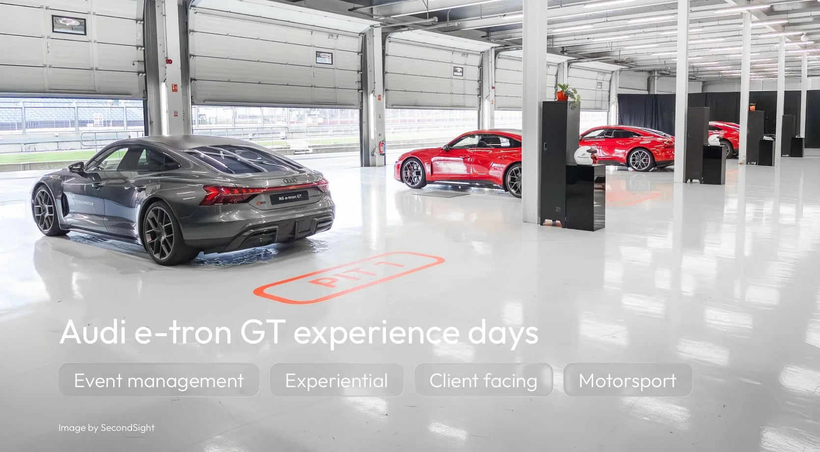 Audi e-tron GT experience days tile with experience highlights of; Event management, experiential, client facing and motorsport