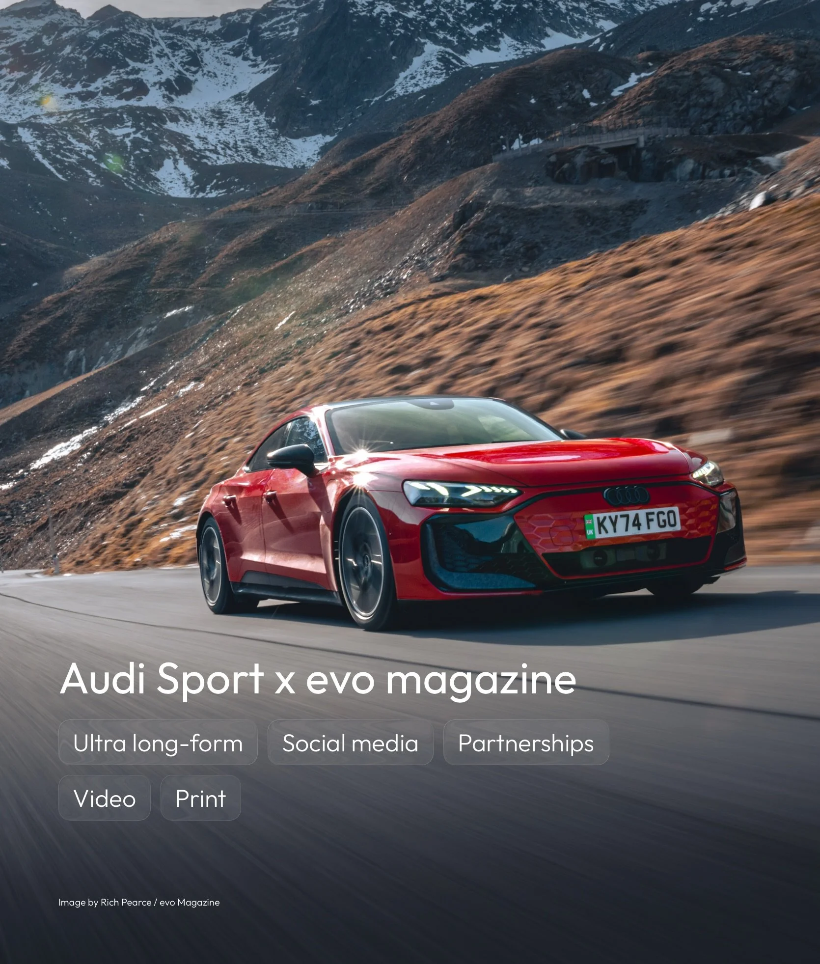 Audi Sport x evo magazine tile with experience highlights of; Ultra long-form, social media, partnerships, video and print