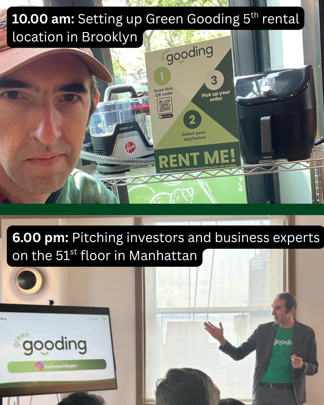 Big week/ day for Green Gooding. Yesterday morning at 10.00 am I opened our 5th rental location in North Greenpoint and at 6.00 pm I pitched to investors and business angels during #NYTechweek.
In one day I learned how to set up Metro shelves in a