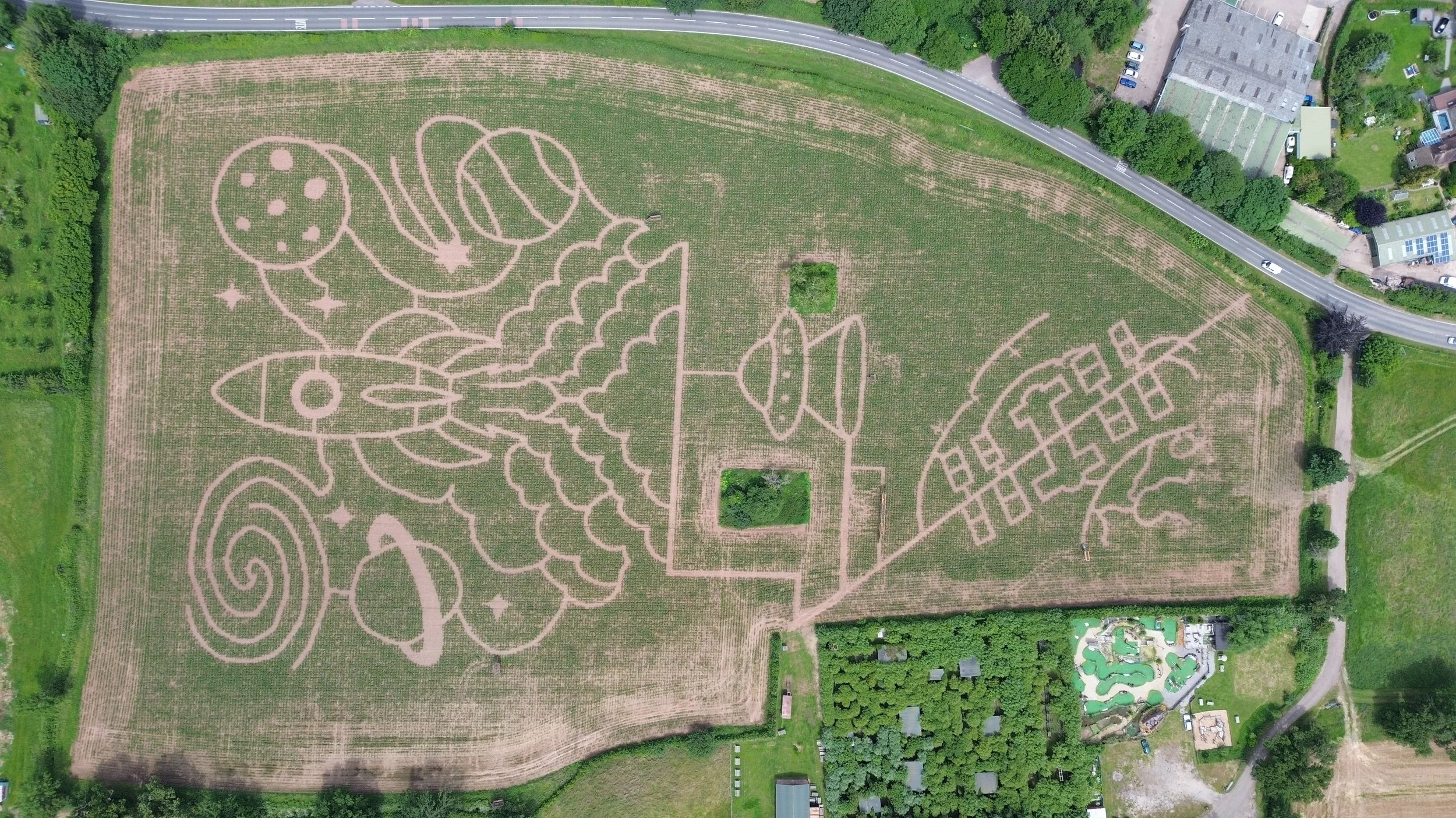 An aerial image of Elton Giant Mazes 2026 season which is space themed