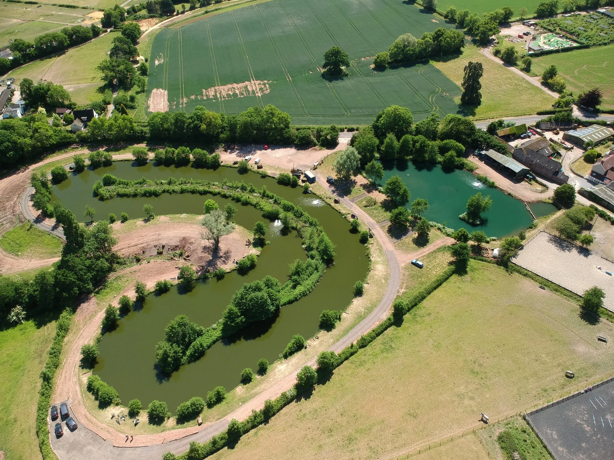 An aeirial shot of the Carp and Catfish lakes at Elton