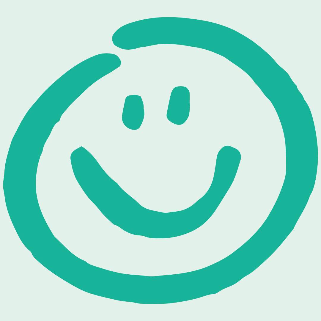 Hand-drawn teal smiley face on light background.