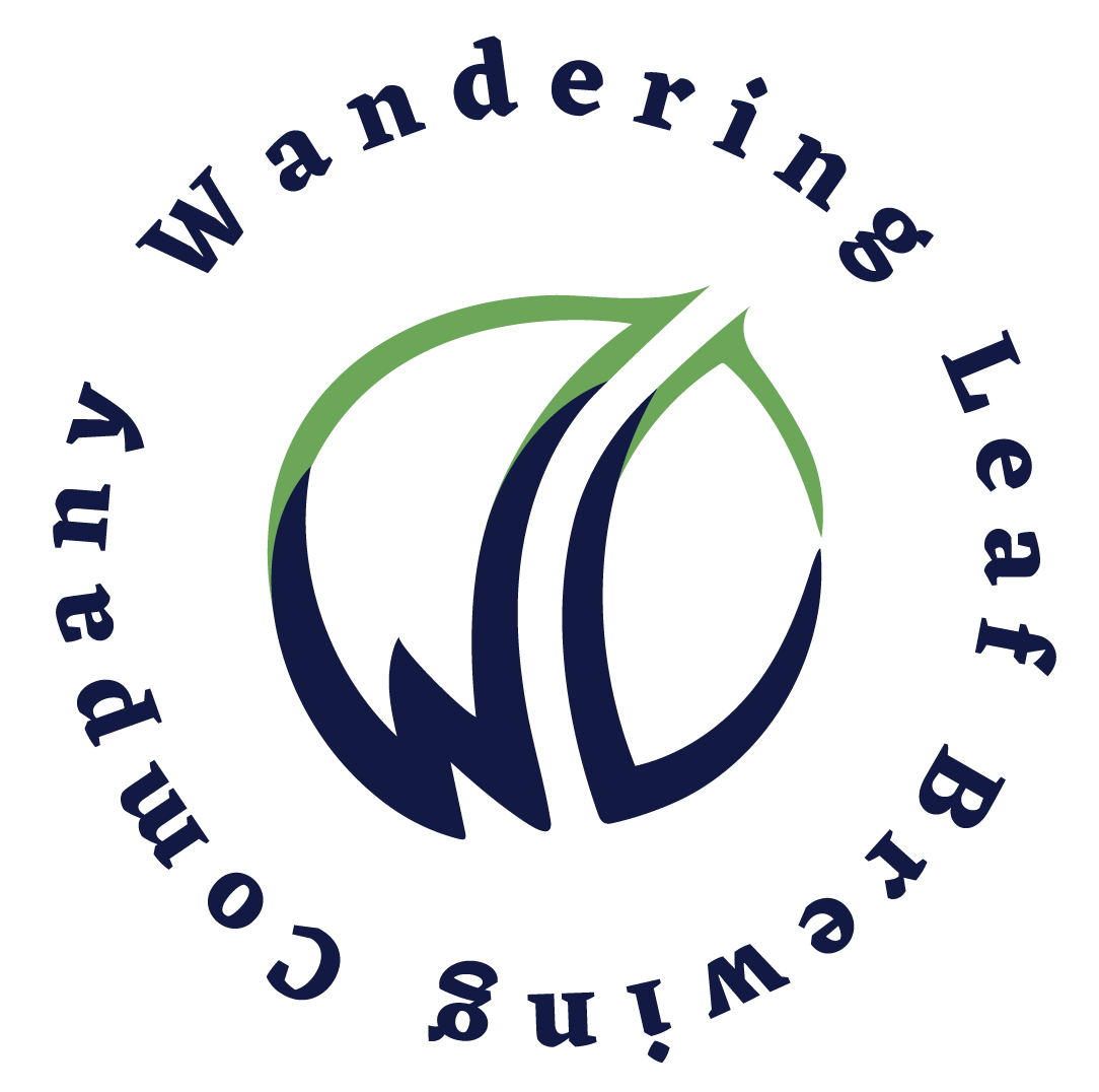 Circular logo for Wandering Leaf Brewing co. with dark blue lettering