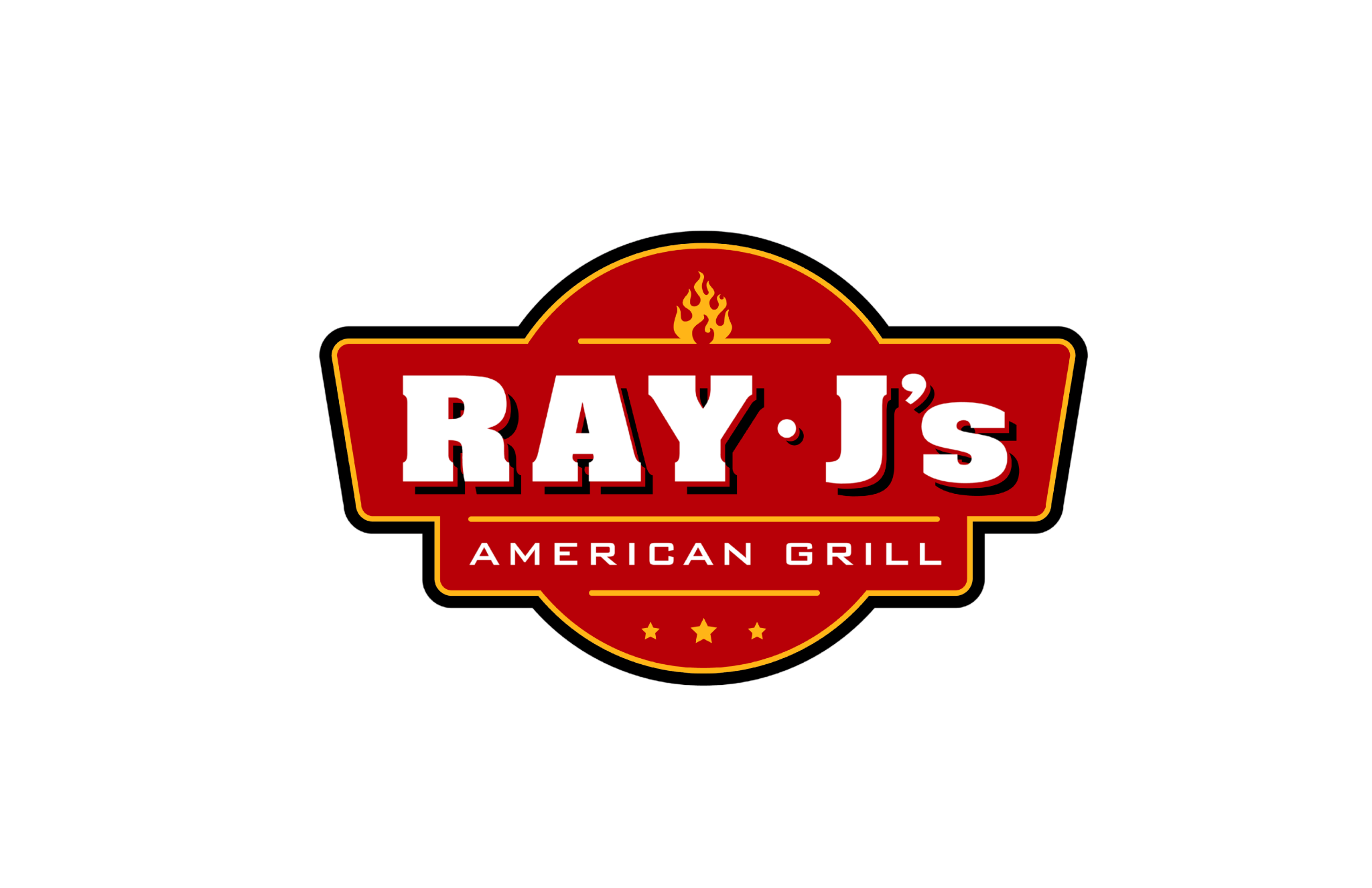 Ray J's American Grill logo with red background and flames