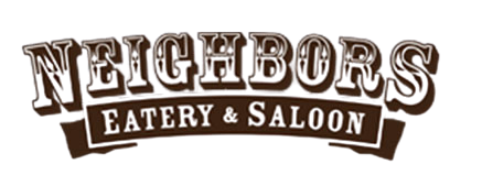 Logo for Neighbors Eatery & Saloon with decorative lettering and a dark background.