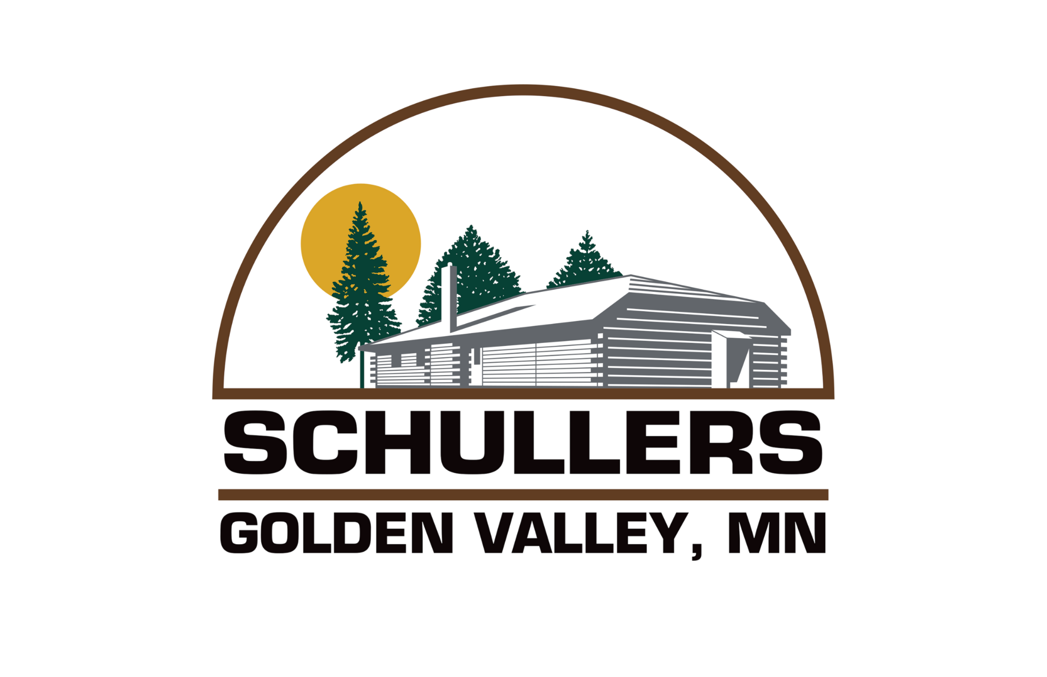 Logo for Schuller's Tavern with a semi-circle outline featuring a log cabin, pine trees, and a sun set inside.