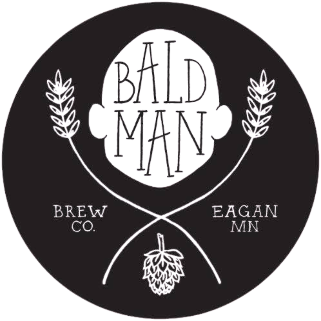 A black circular logo for Bald Man Brewing Co. in Eagan, Minnesota. The logo features a bald man's head with text inside it, two wheat stalks on either side, and a hop cone at the bottom.