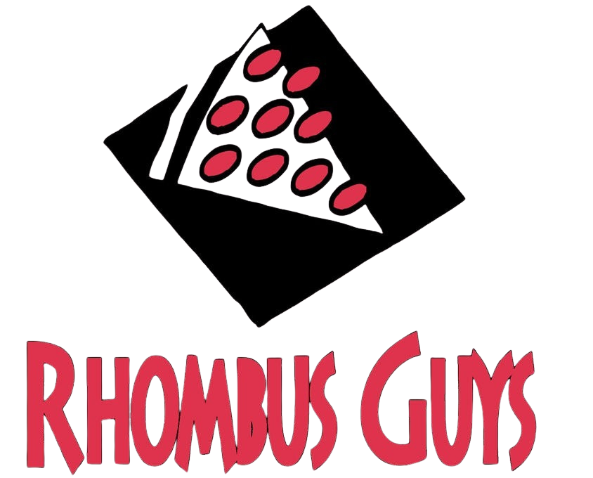 Logo of Rhombus Guys featuring a black diamond with an overlayed slice of pepperoni pizza