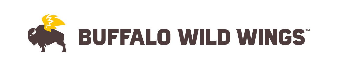 Brown and yellow logo for Buffalo Wild Wings with lettering and flying buffalo graphic