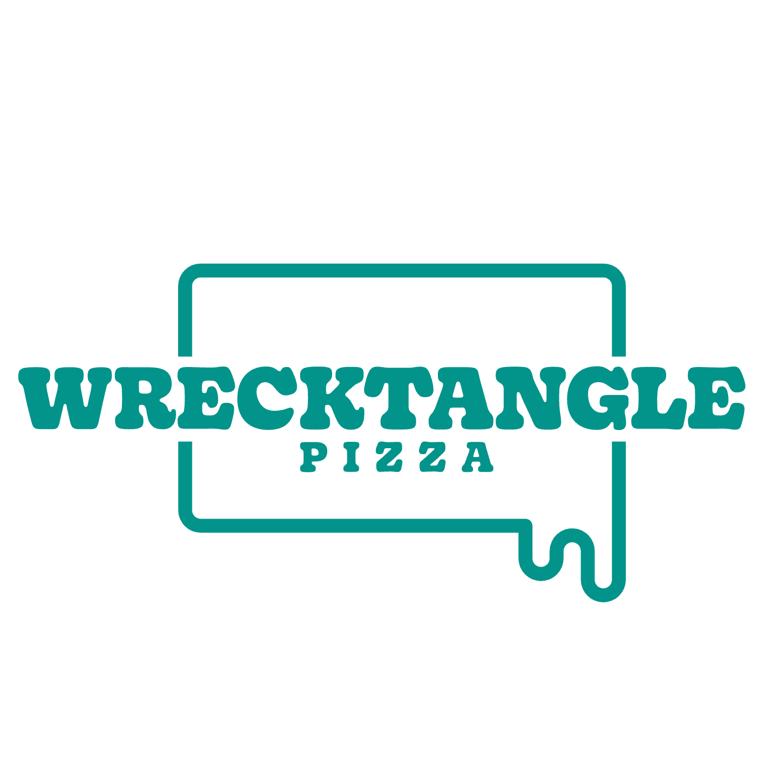 Wrecktangle Pizza logo with green lettering and melting rectangle shape