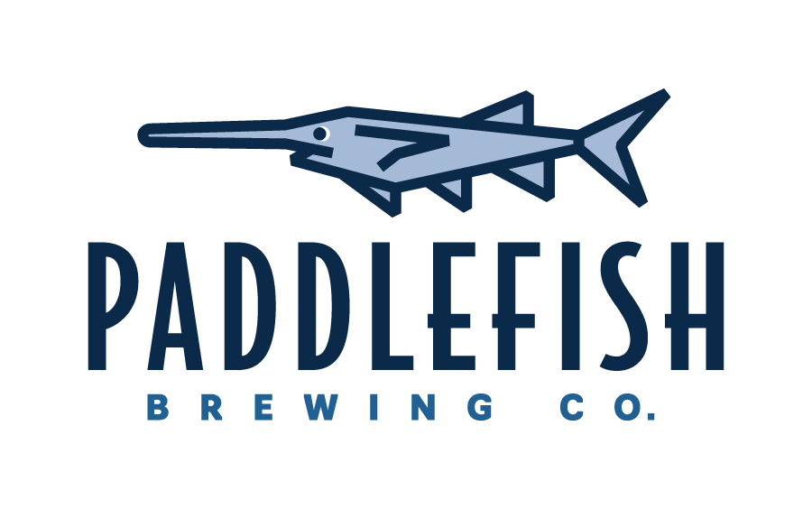 A stylized fish with a long, pointed snout and fins, with the words 'Paddlefish Brewing Co.' beneath it.