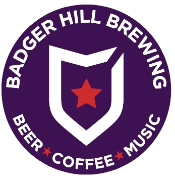 Logo of Badger Hill Brewing featuring a purple circle with black shield and red star, with the words 'Badger Hill Brewing,' 'Beer,' 'Coffee,' and 'Music' around the circle.