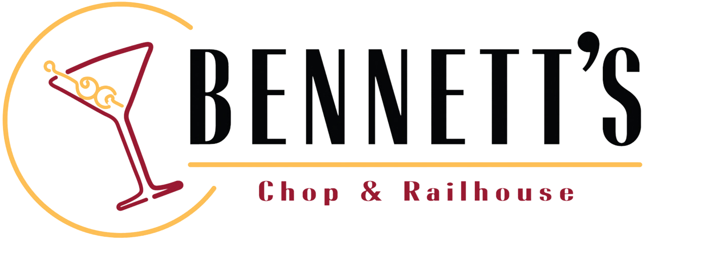 Logo for Bennet's Chop & Railhouse featuring a martini glass outline with a beverage and garnish, with the restaurant name in bold lettering.