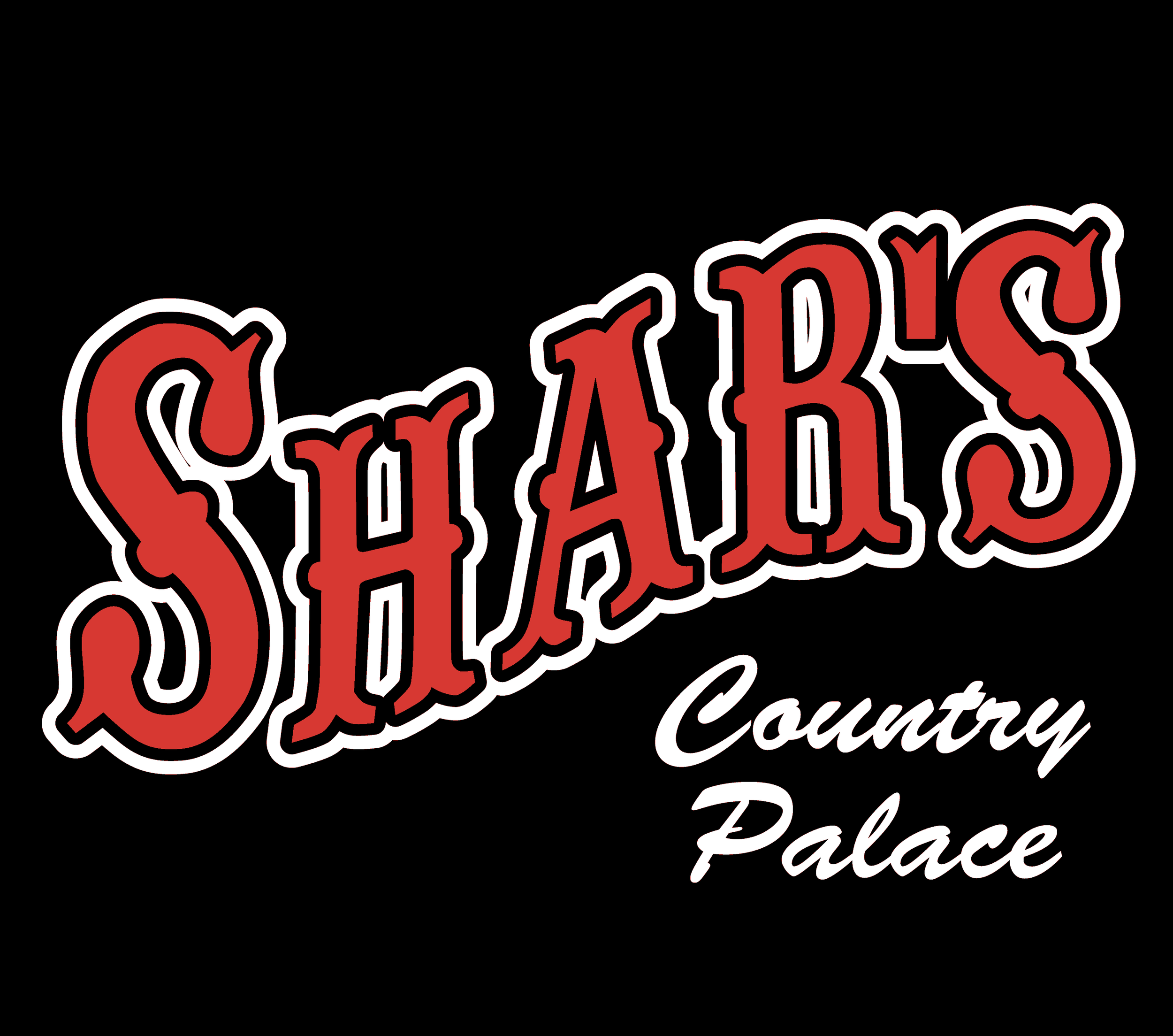 Logo for Shar's Country Palace with red lettering outlined in white against a black background