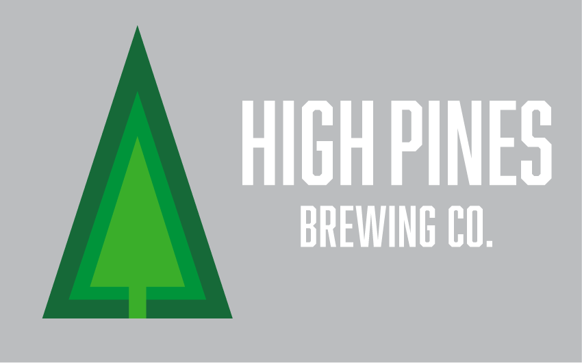 Logo for High Pines Brewing Co. with a tree of different shades of green and white lettering