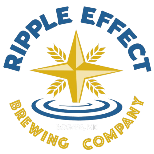Circular logo with centered star and hop leaves with blue and gold lettering for Ripple Effect Brewing Company