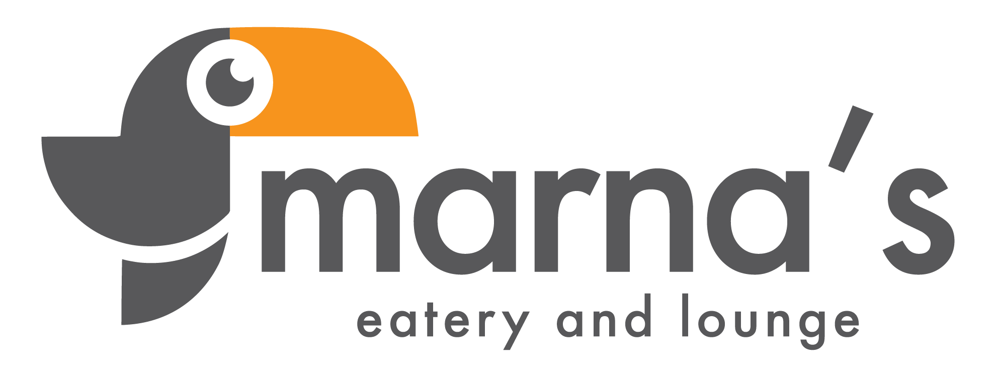 Logo for Marna's Eatery and Lounge in Robbinsdale, Minnesota with a dark grey and orange bird and dark grey lettering