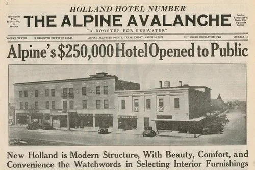 Scanned historical photo of The Alpine Avalanche newspaper's cover story about Holland Hotel opening to the public.
