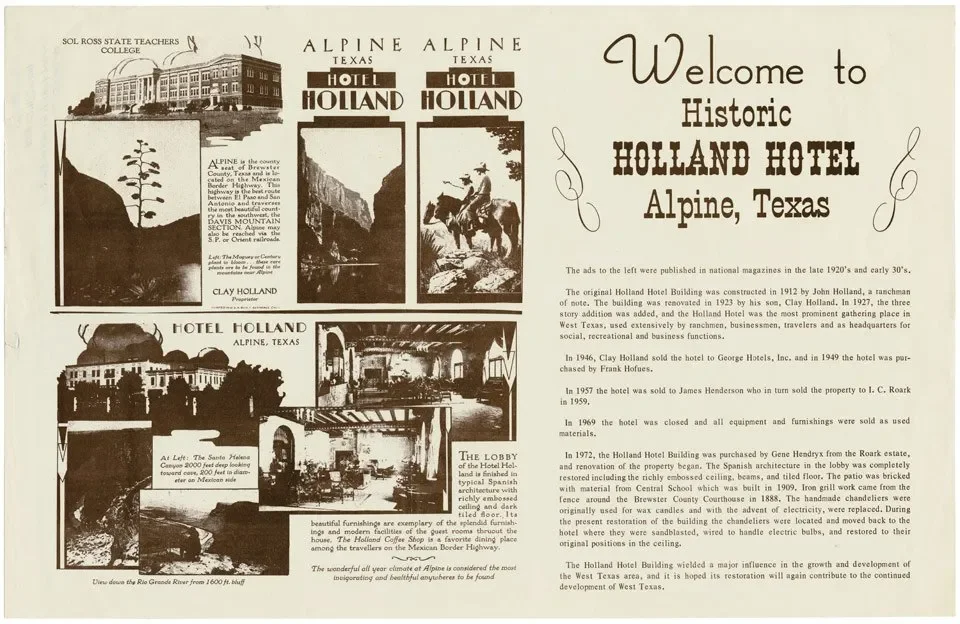 A scanned photo of the historic welcome brochure available to guests at Holland Hotel in Alpine, Texas.