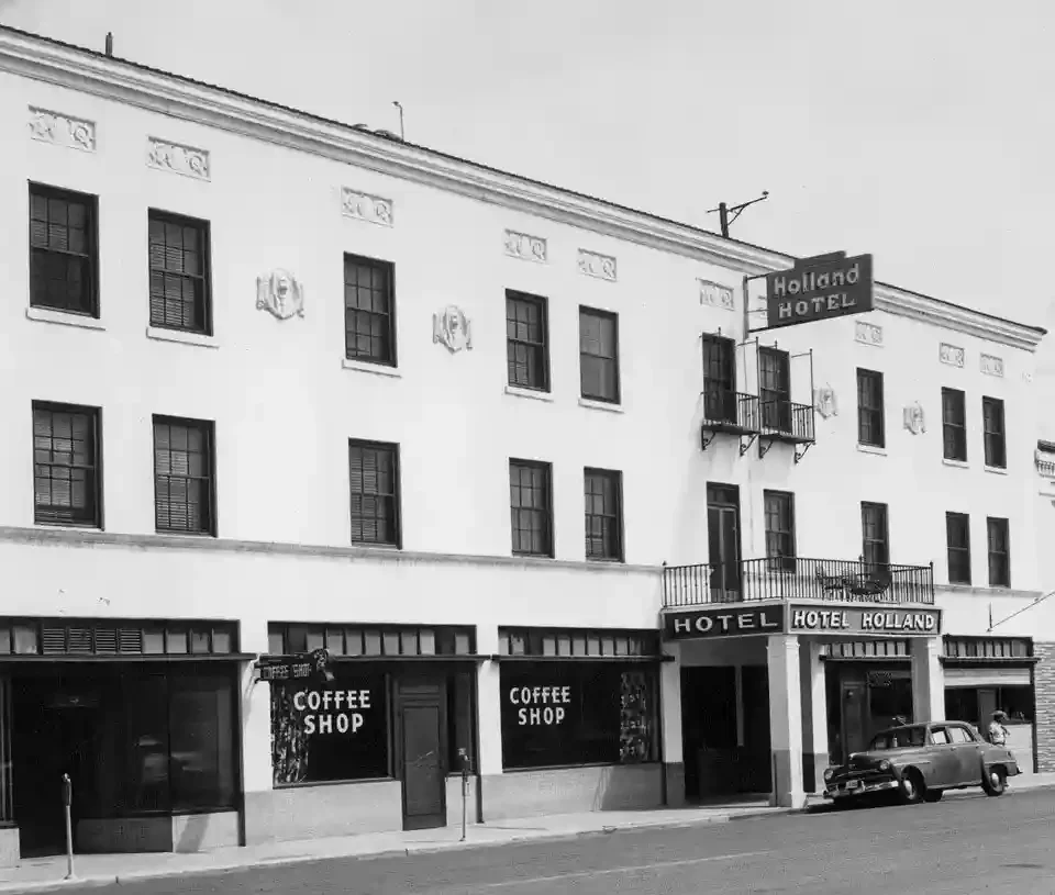 An historic photograph of the exterior of the historic Holland Hotel in Alpine, Texas.