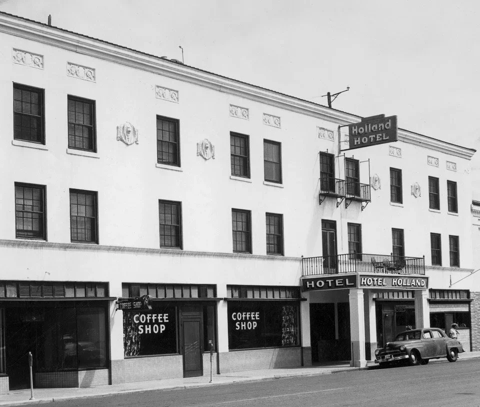 An historic photograph of the exterior of the historic Holland Hotel in Alpine, Texas.