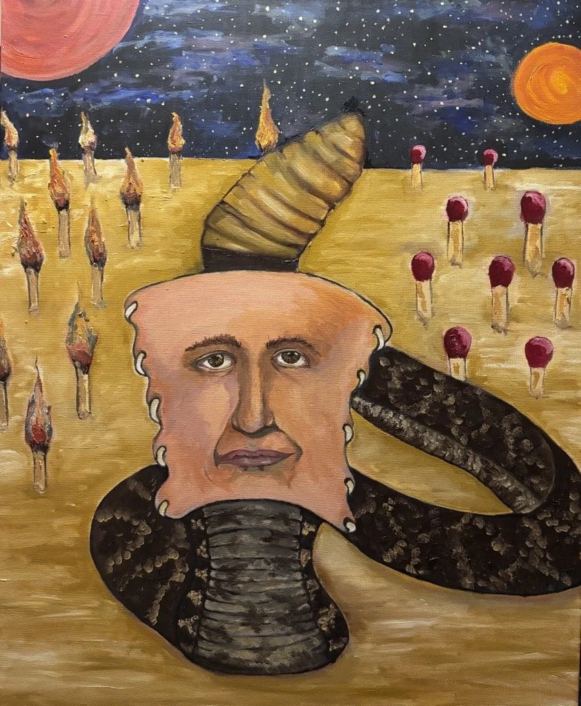 A surreal painting featuring a human face with blue eyes and a neutral expression, a large yellow hat with black and yellow patterns, and a background of a starry night sky with red and orange planets. The foreground includes a yellowish landscape with evenly spaced red-topped trees.
