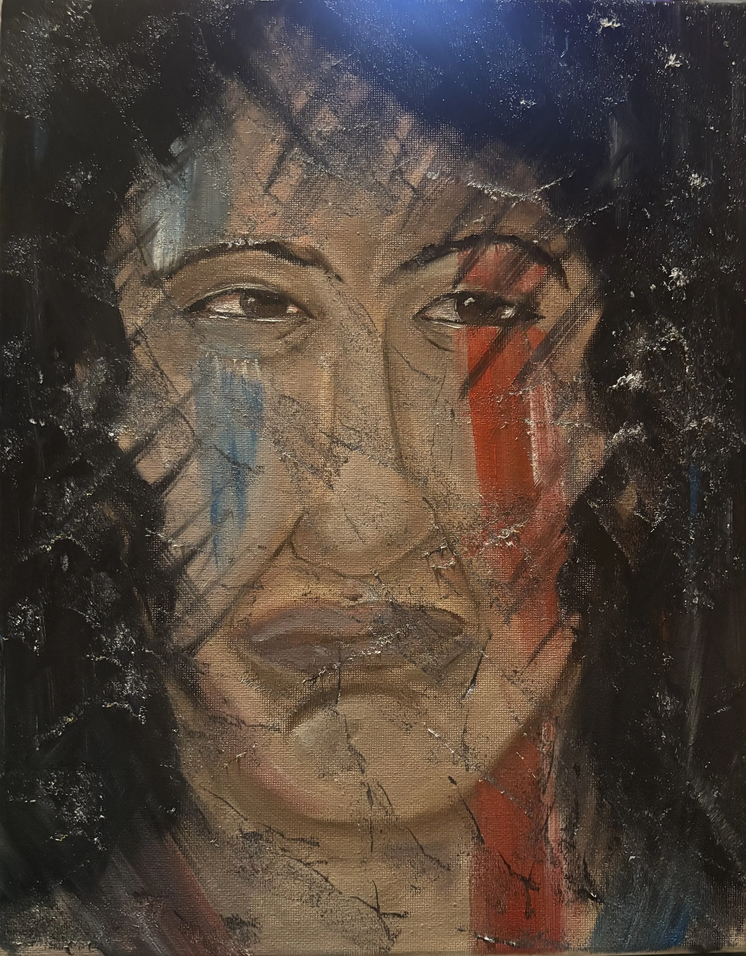 Abstract portrait of a woman with black curly hair, featuring detailed facial features, soft eyes, and painted with textured brushstrokes in dark tones with hints of red and blue.