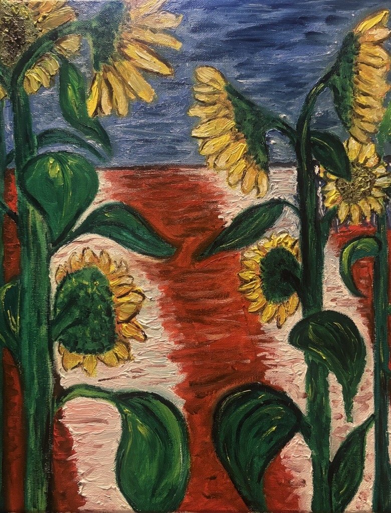 Painting of a sunflower field with large yellow flowers, green leaves, and a backdrop of blue sky and red soil.