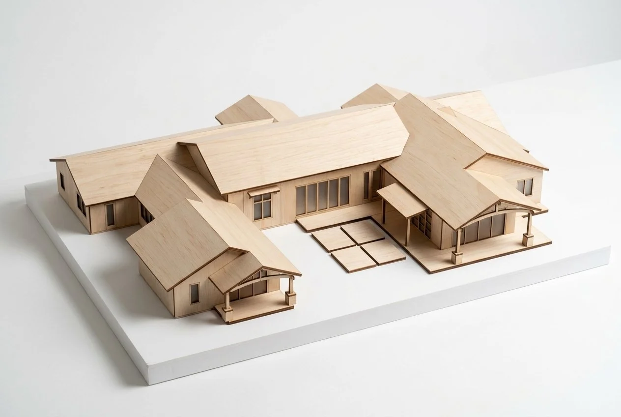 Wood study model of a full residential rebuild in Palo Alto, California by Prestin Ravid Architects, representing a modern custom home and new construction project