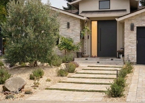 Rebuilt modern home with stone and smooth plaster facade and vaulted rooflines, whole-house rebuild, Willow Glen San Jose