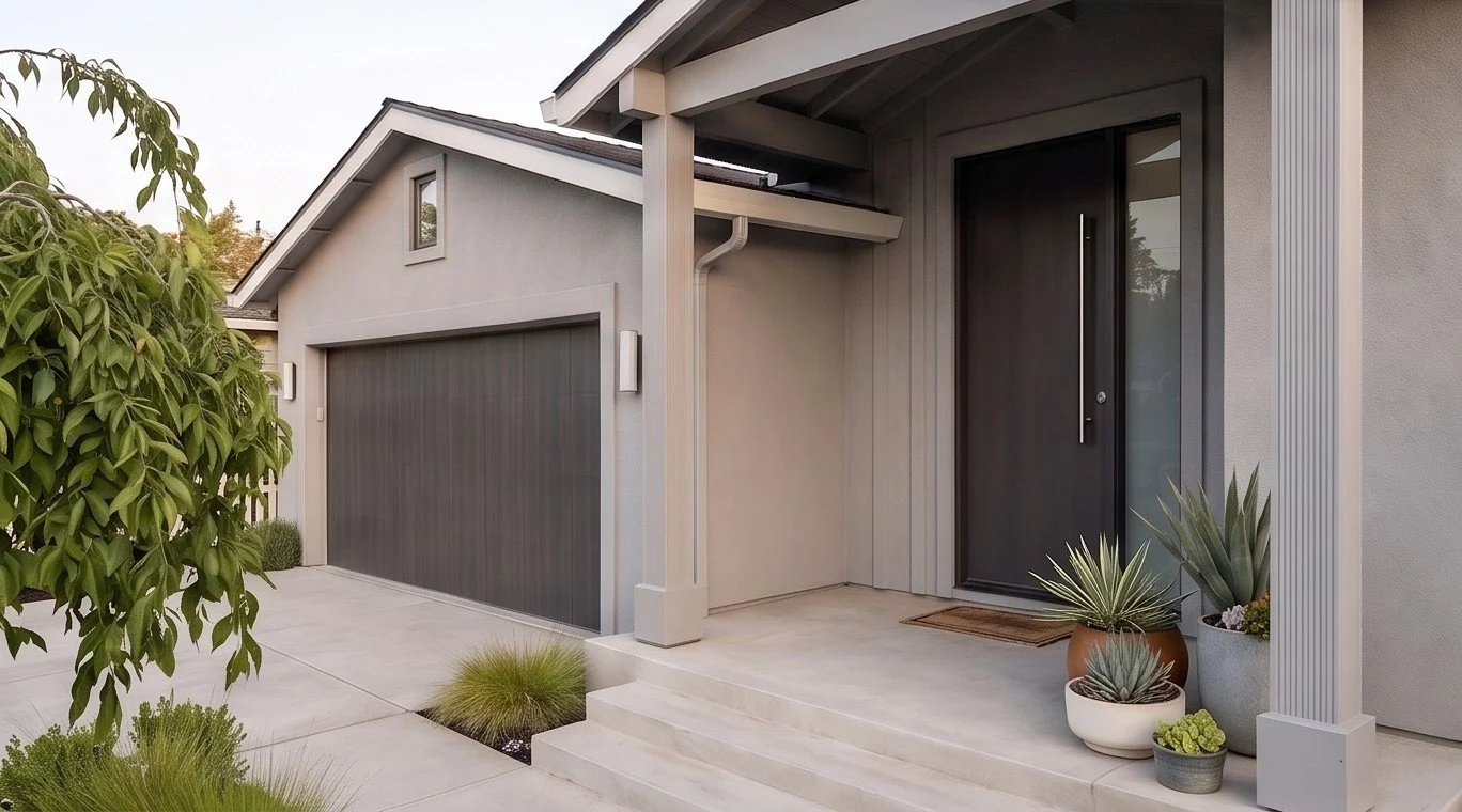 Entry porch: Covered entry porch with gabled roof and architectural detailing on Mountain View addition and renovation